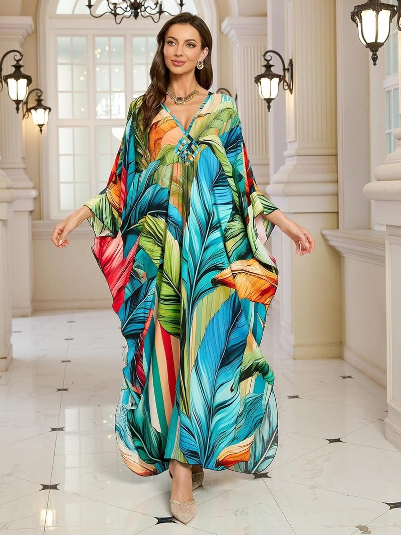 KEYLORTING Women’s Kaftan Beach Cover Up Dress Plus Size Summer Swimsuit Loungewear Maxi Dress - Image 1